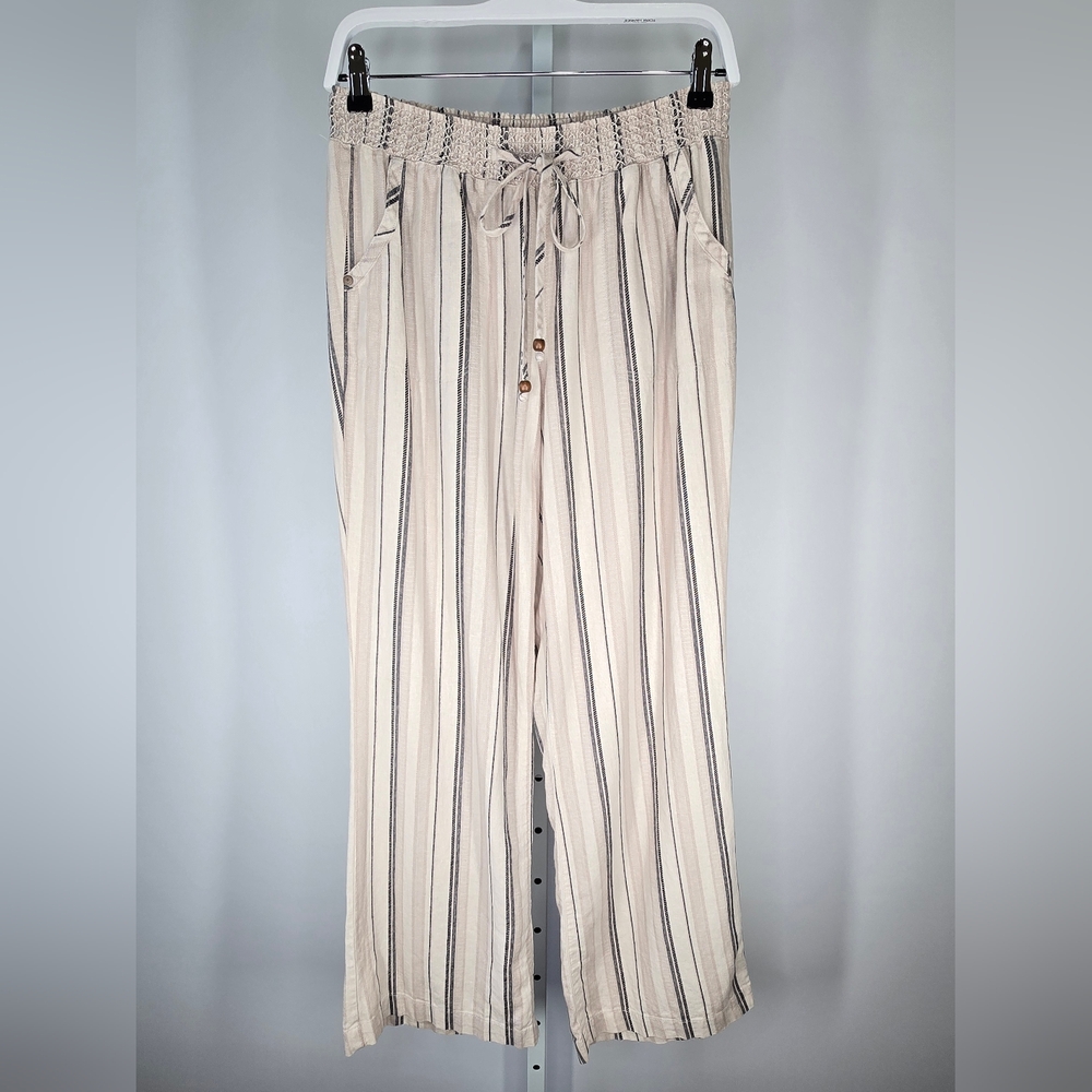 Beau Dawson Linen Blend Wide Leg Pants Smocked Waist Beige Black Striped Size L